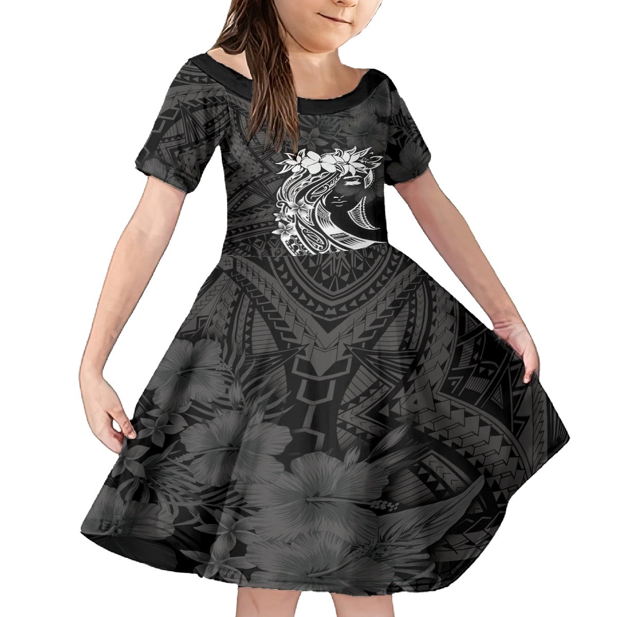 Polynesian Women's Day Family Matching Off Shoulder Maxi Dress and Hawaiian Shirt Plumeria Passion - Black LT7 Daughter's Dress Black - Polynesian Pride