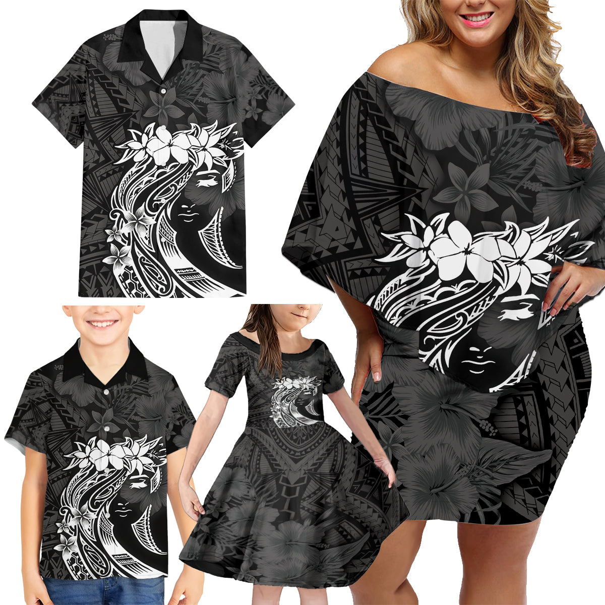 Polynesian Women's Day Family Matching Off Shoulder Short Dress and Hawaiian Shirt Plumeria Passion - Black LT7 - Polynesian Pride