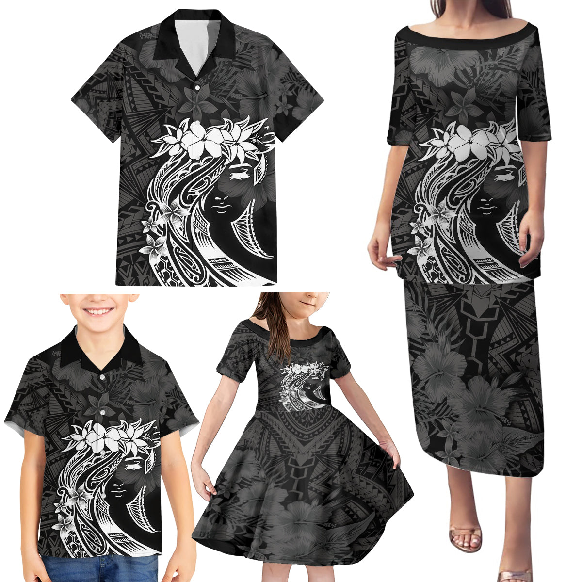 Polynesian Women's Day Family Matching Puletasi and Hawaiian Shirt Plumeria Passion - Black LT7 - Polynesian Pride