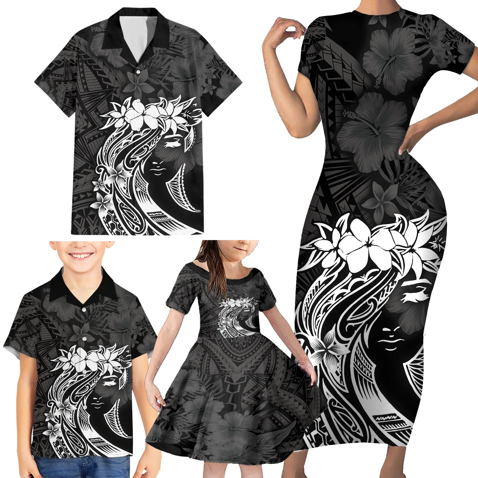 Polynesian Women's Day Family Matching Short Sleeve Bodycon Dress and Hawaiian Shirt Plumeria Passion - Black LT7 - Polynesian Pride