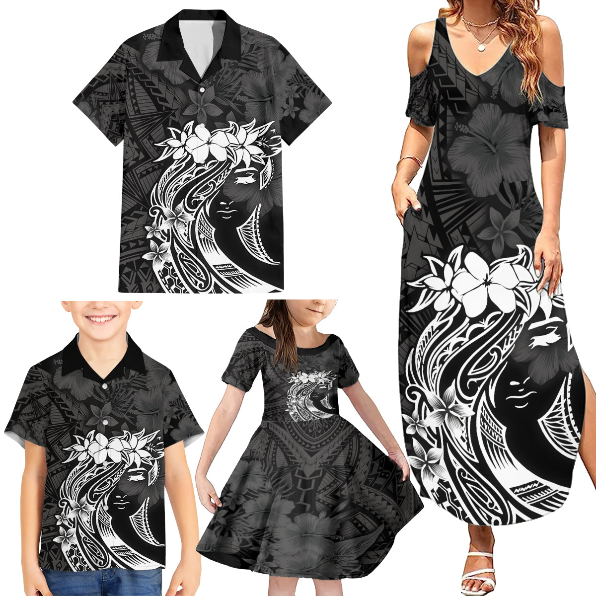 Polynesian Women's Day Family Matching Summer Maxi Dress and Hawaiian Shirt Plumeria Passion - Black LT7 - Polynesian Pride