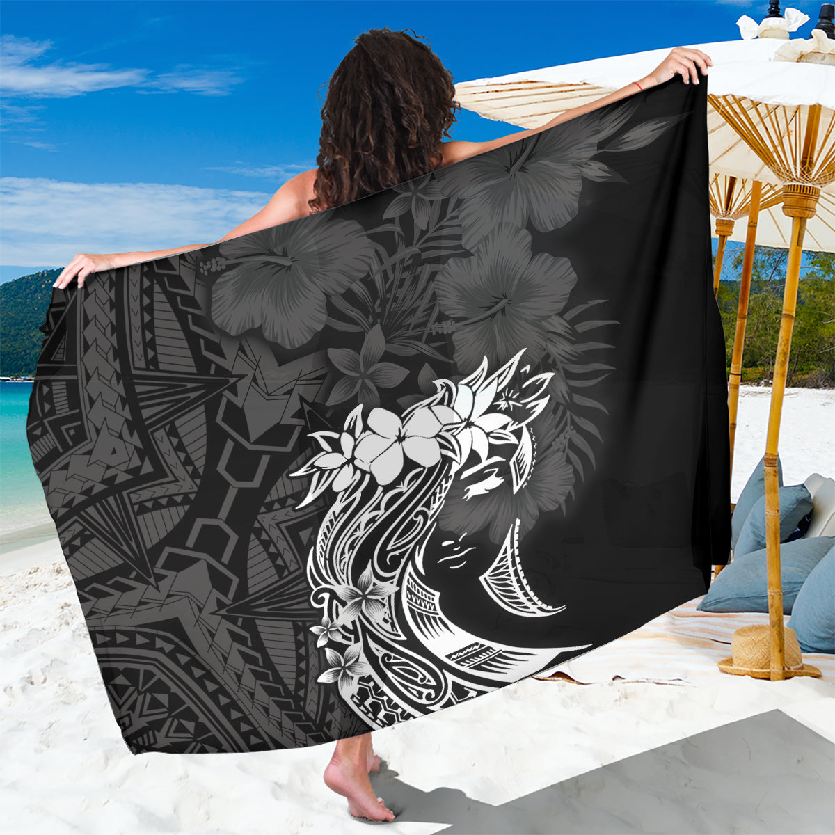 Polynesian Women's Day Sarong Plumeria Passion - Black LT7 One Size 44 x 66 inches Black - Polynesian Pride