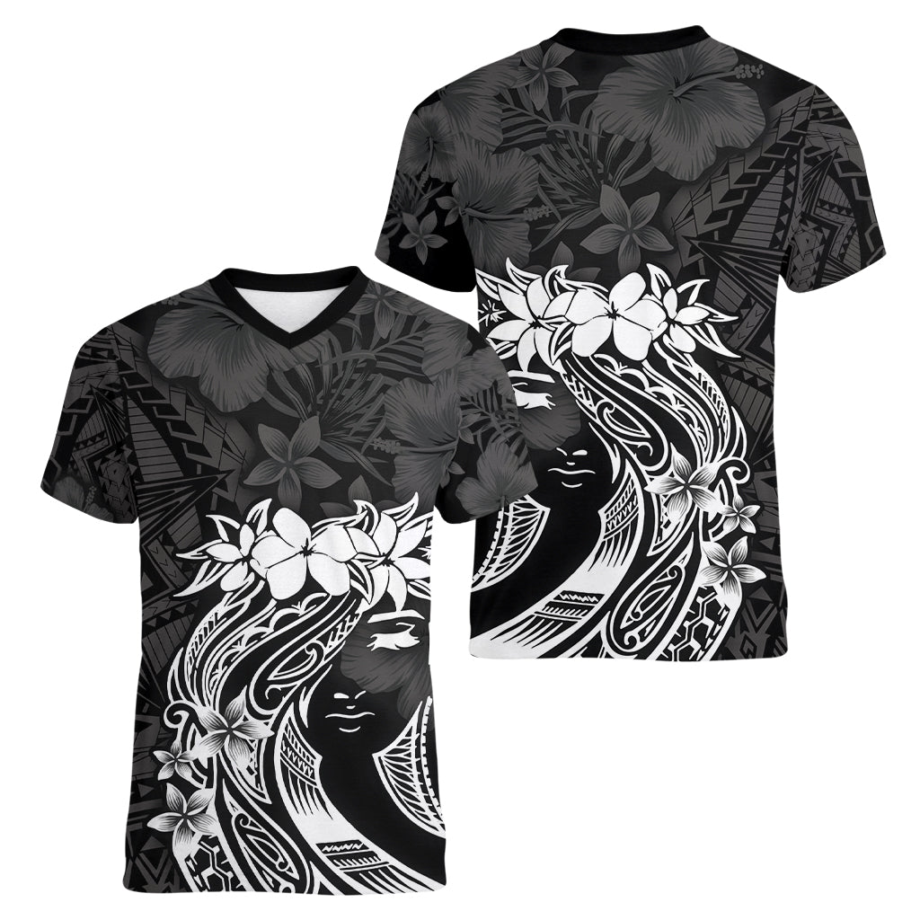 Polynesian Women's Day Women V Neck T Shirt Plumeria Passion - Black LT7 - Polynesian Pride
