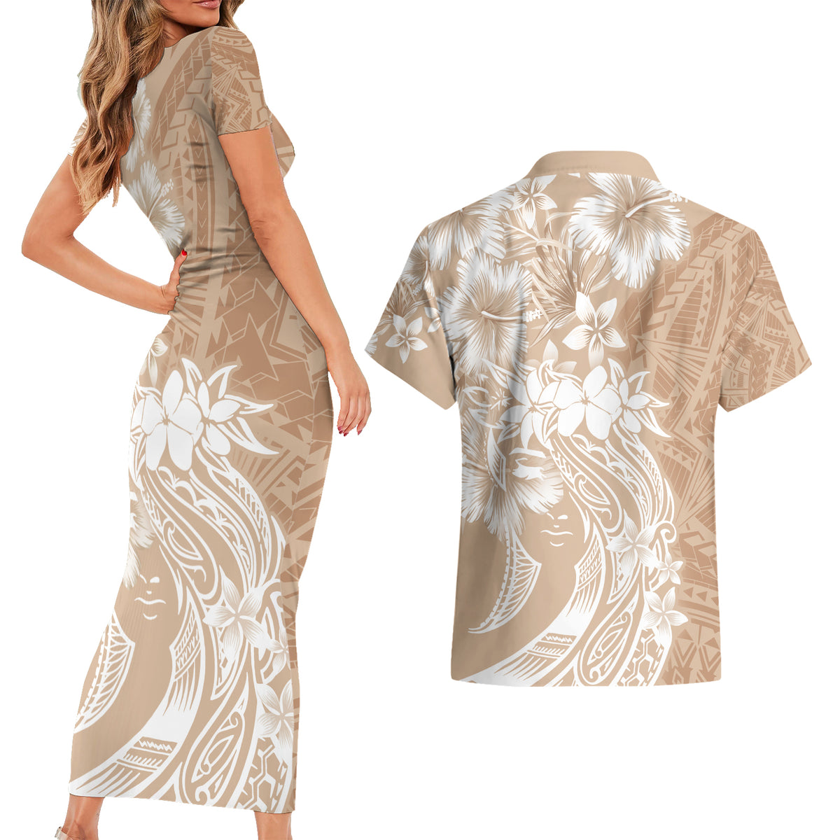 Polynesian Women's Day Couples Matching Short Sleeve Bodycon Dress and Hawaiian Shirt Plumeria Passion - Beige LT7 - Polynesian Pride