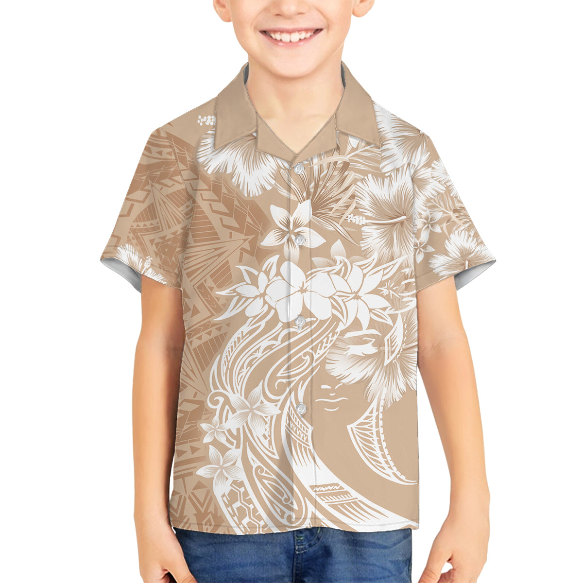 Polynesian Women's Day Family Matching Off Shoulder Long Sleeve Dress and Hawaiian Shirt Plumeria Passion - Beige LT7 Son's Shirt Beige - Polynesian Pride