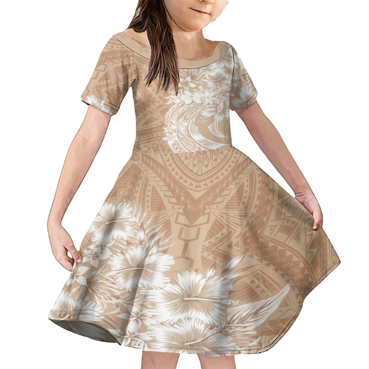 Polynesian Women's Day Family Matching Off Shoulder Maxi Dress and Hawaiian Shirt Plumeria Passion - Beige LT7 Daughter's Dress Beige - Polynesian Pride