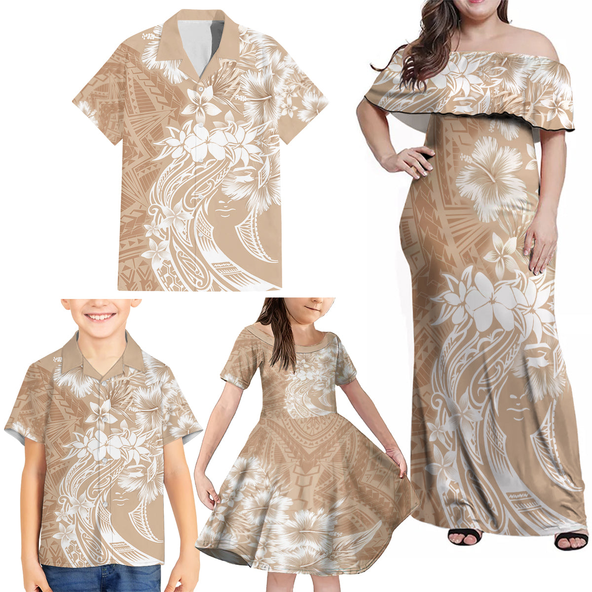 Polynesian Women's Day Family Matching Off Shoulder Maxi Dress and Hawaiian Shirt Plumeria Passion - Beige LT7 - Polynesian Pride