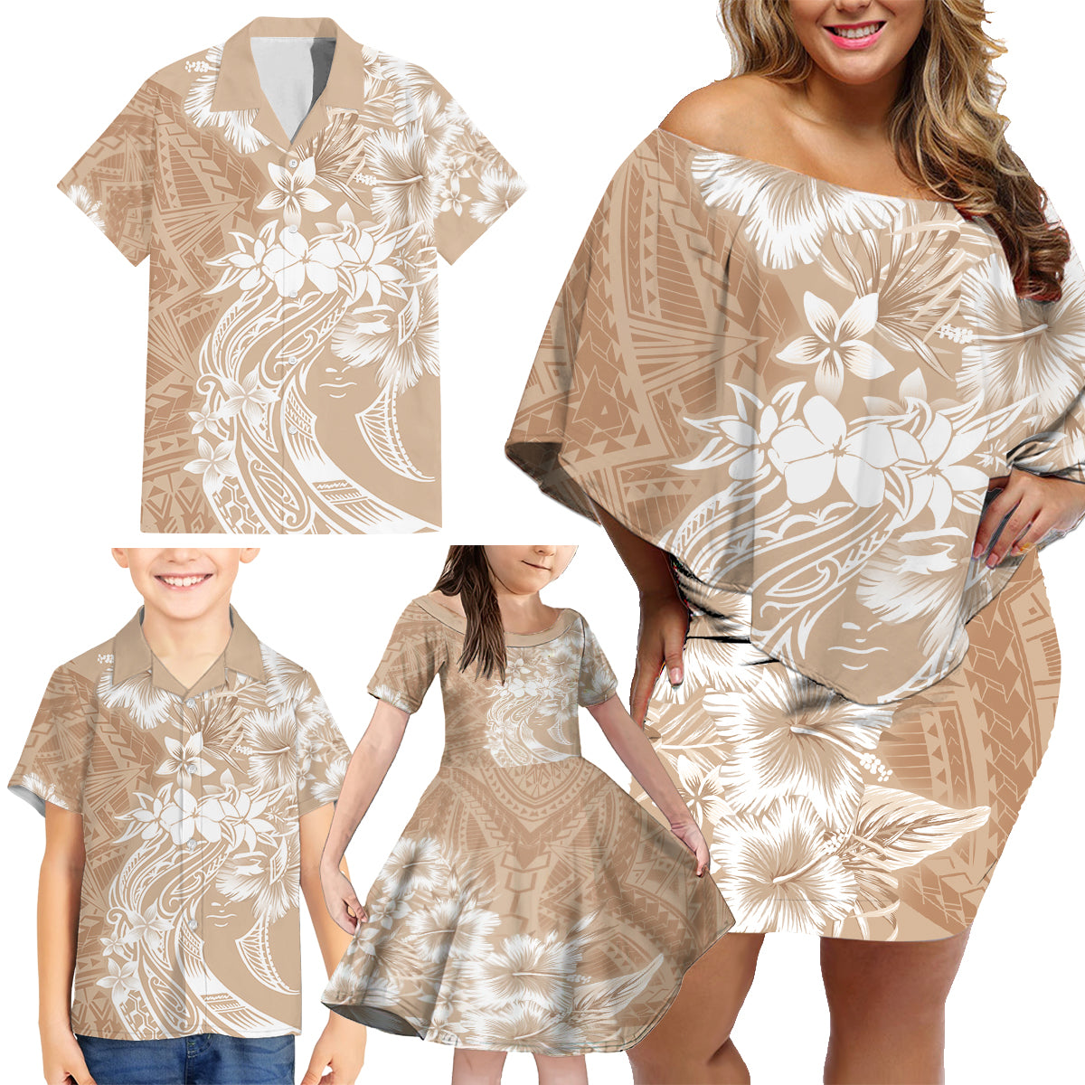 Polynesian Women's Day Family Matching Off Shoulder Short Dress and Hawaiian Shirt Plumeria Passion - Beige LT7 - Polynesian Pride