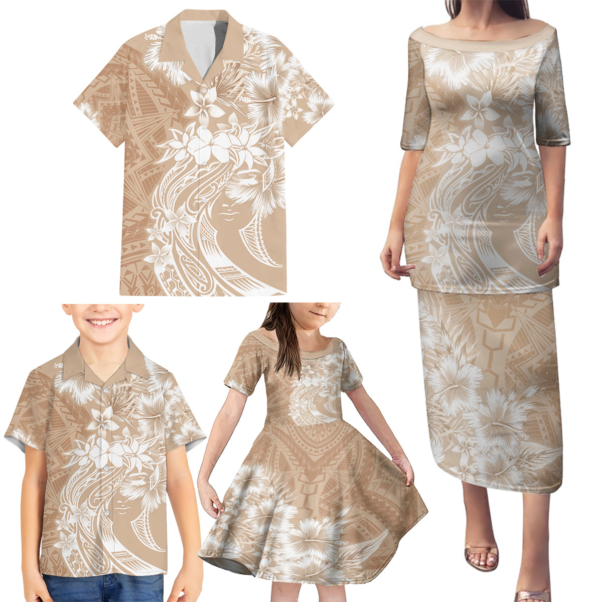 Polynesian Women's Day Family Matching Puletasi and Hawaiian Shirt Plumeria Passion - Beige LT7 - Polynesian Pride