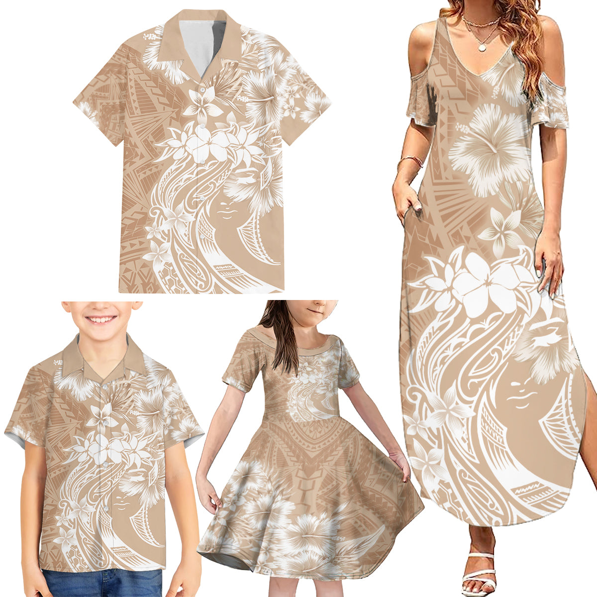 Polynesian Women's Day Family Matching Summer Maxi Dress and Hawaiian Shirt Plumeria Passion - Beige LT7 - Polynesian Pride