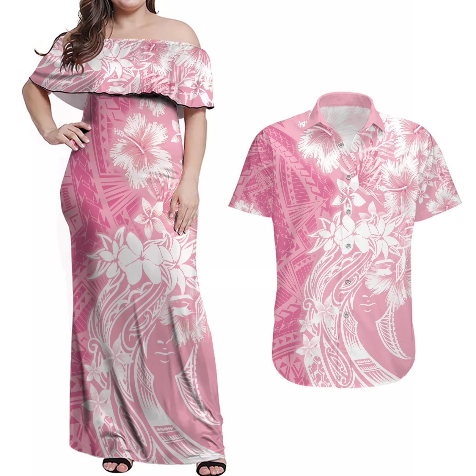 Polynesian Women's Day Couples Matching Off Shoulder Maxi Dress and Hawaiian Shirt Plumeria Passion - Pink LT7 Pink - Polynesian Pride