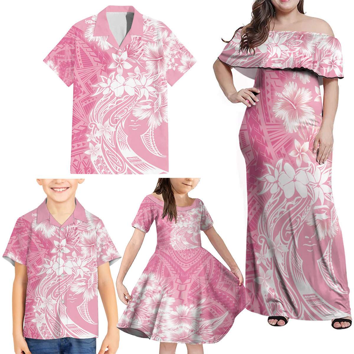 Polynesian Women's Day Family Matching Off Shoulder Maxi Dress and Hawaiian Shirt Plumeria Passion - Pink LT7 - Polynesian Pride