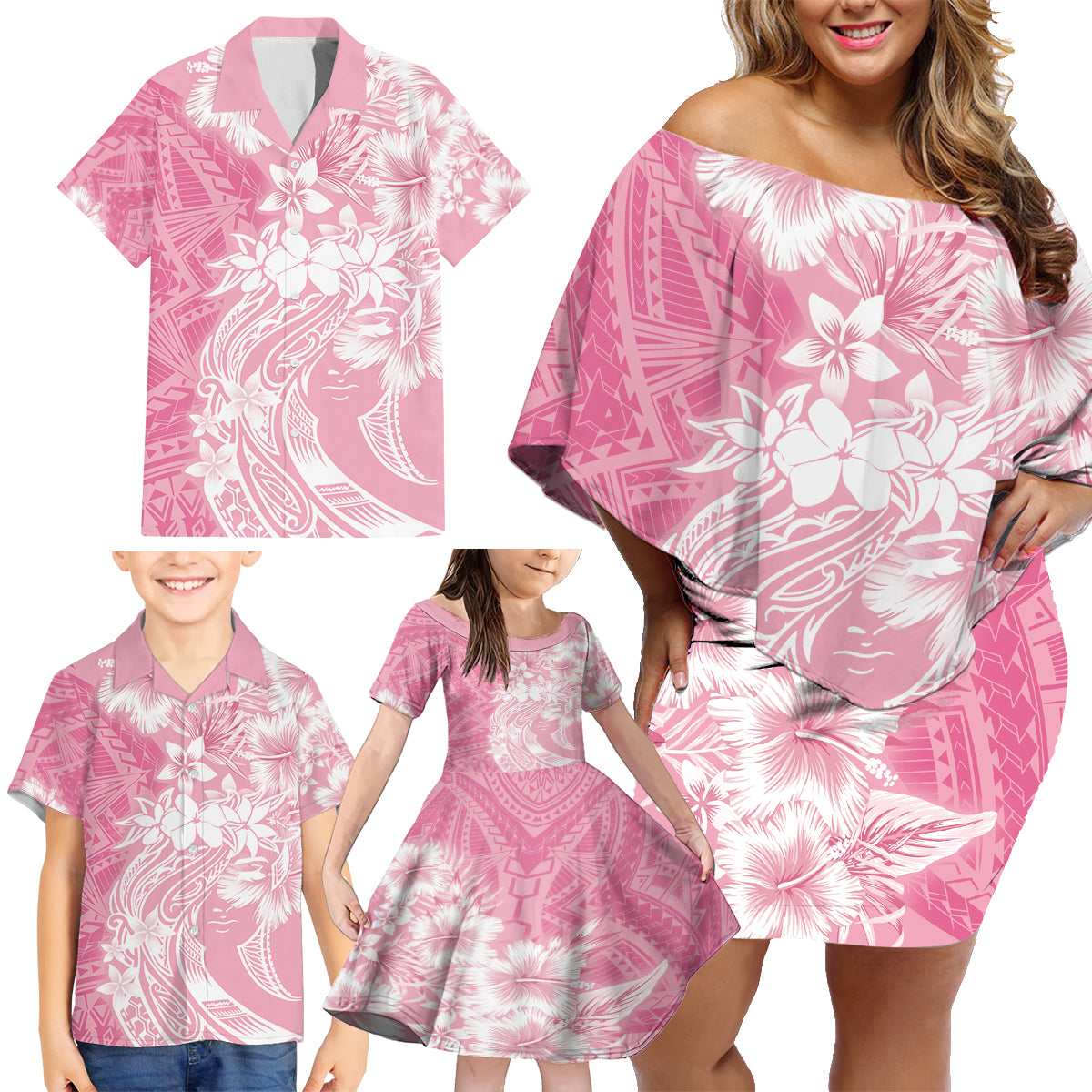 Polynesian Women's Day Family Matching Off Shoulder Short Dress and Hawaiian Shirt Plumeria Passion - Pink LT7 - Polynesian Pride