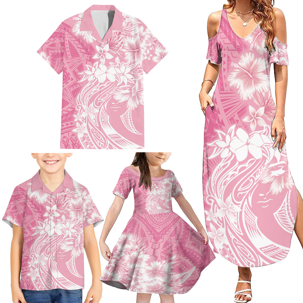 Polynesian Women's Day Family Matching Summer Maxi Dress and Hawaiian Shirt Plumeria Passion - Pink LT7 - Polynesian Pride