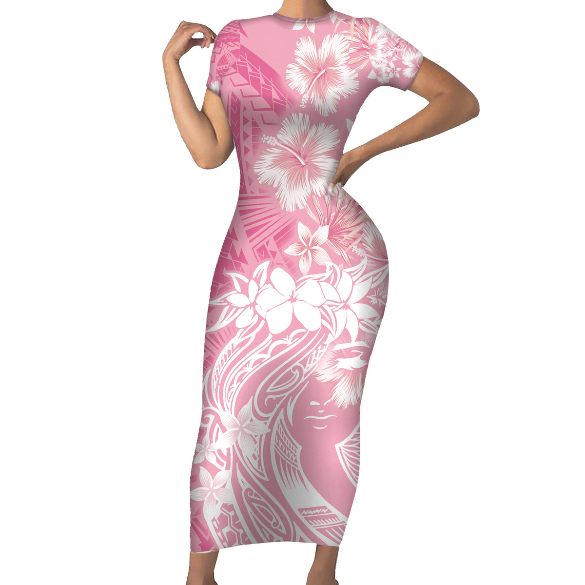 Polynesian Women's Day Short Sleeve Bodycon Dress Plumeria Passion - Pink LT7 Long Dress Pink - Polynesian Pride