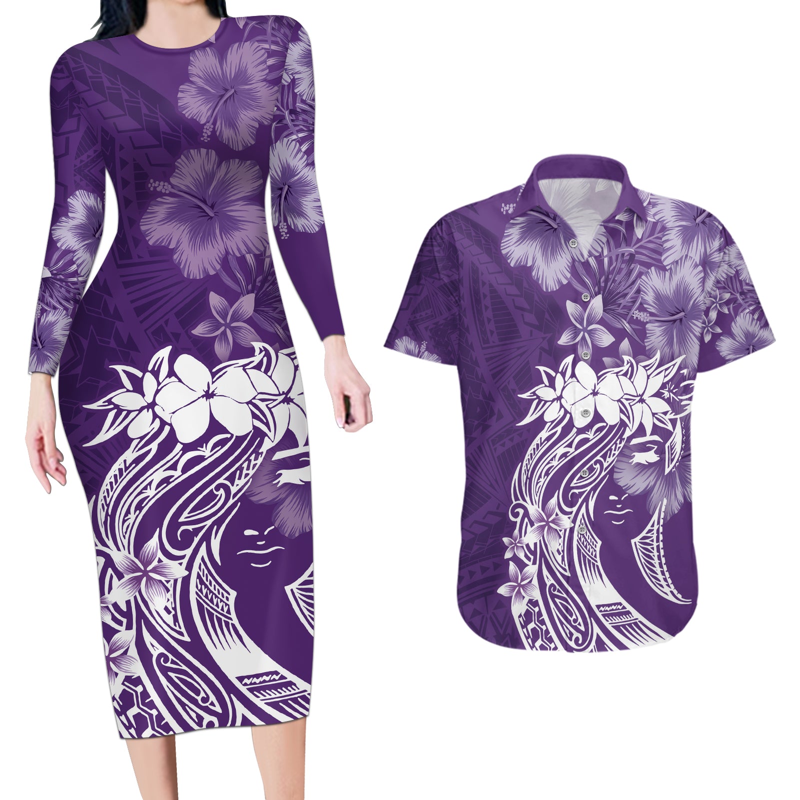 Polynesian Women's Day Couples Matching Long Sleeve Bodycon Dress and Hawaiian Shirt Plumeria Passion - Purple LT7 Purple - Polynesian Pride