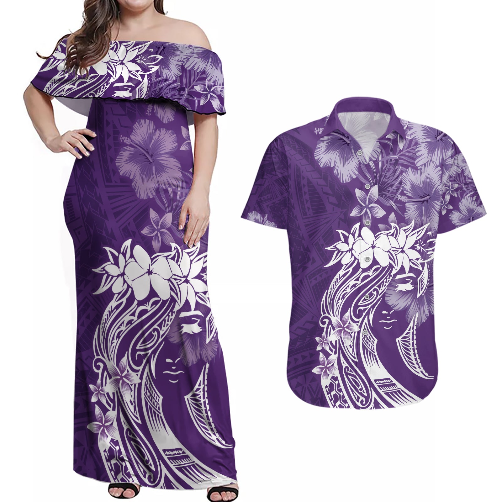 Polynesian Women's Day Couples Matching Off Shoulder Maxi Dress and Hawaiian Shirt Plumeria Passion - Purple LT7 Purple - Polynesian Pride