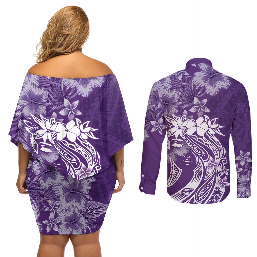 Polynesian Women's Day Couples Matching Off Shoulder Short Dress and Long Sleeve Button Shirt Plumeria Passion - Purple LT7 - Polynesian Pride