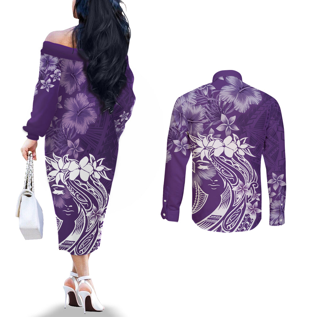 Polynesian Women's Day Couples Matching Off The Shoulder Long Sleeve Dress and Long Sleeve Button Shirt Plumeria Passion - Purple LT7 - Polynesian Pride