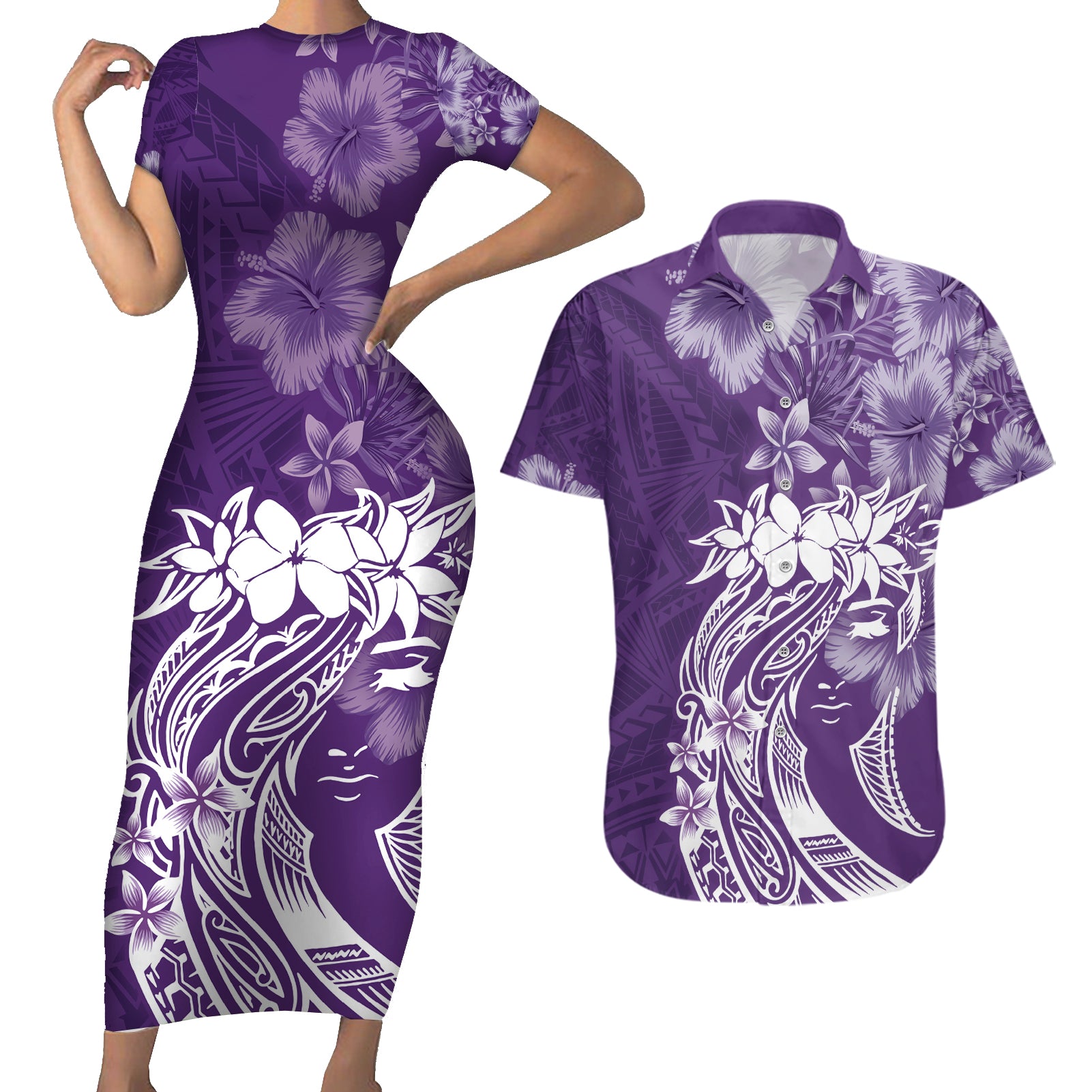 Polynesian Women's Day Couples Matching Short Sleeve Bodycon Dress and Hawaiian Shirt Plumeria Passion - Purple LT7 Purple - Polynesian Pride