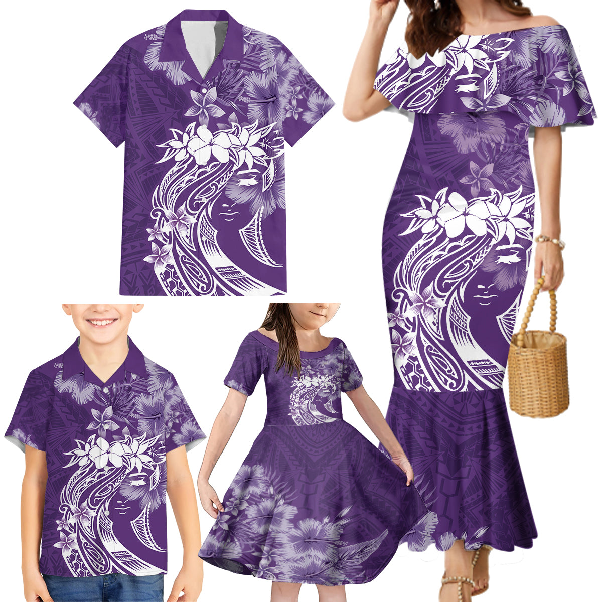 Polynesian Women's Day Family Matching Mermaid Dress and Hawaiian Shirt Plumeria Passion - Purple LT7 - Polynesian Pride