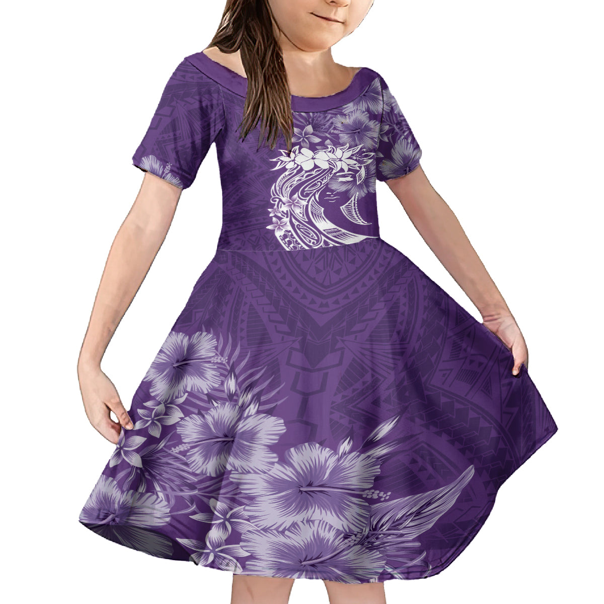 Polynesian Women's Day Family Matching Off Shoulder Long Sleeve Dress and Hawaiian Shirt Plumeria Passion - Purple LT7 Daughter's Dress Purple - Polynesian Pride