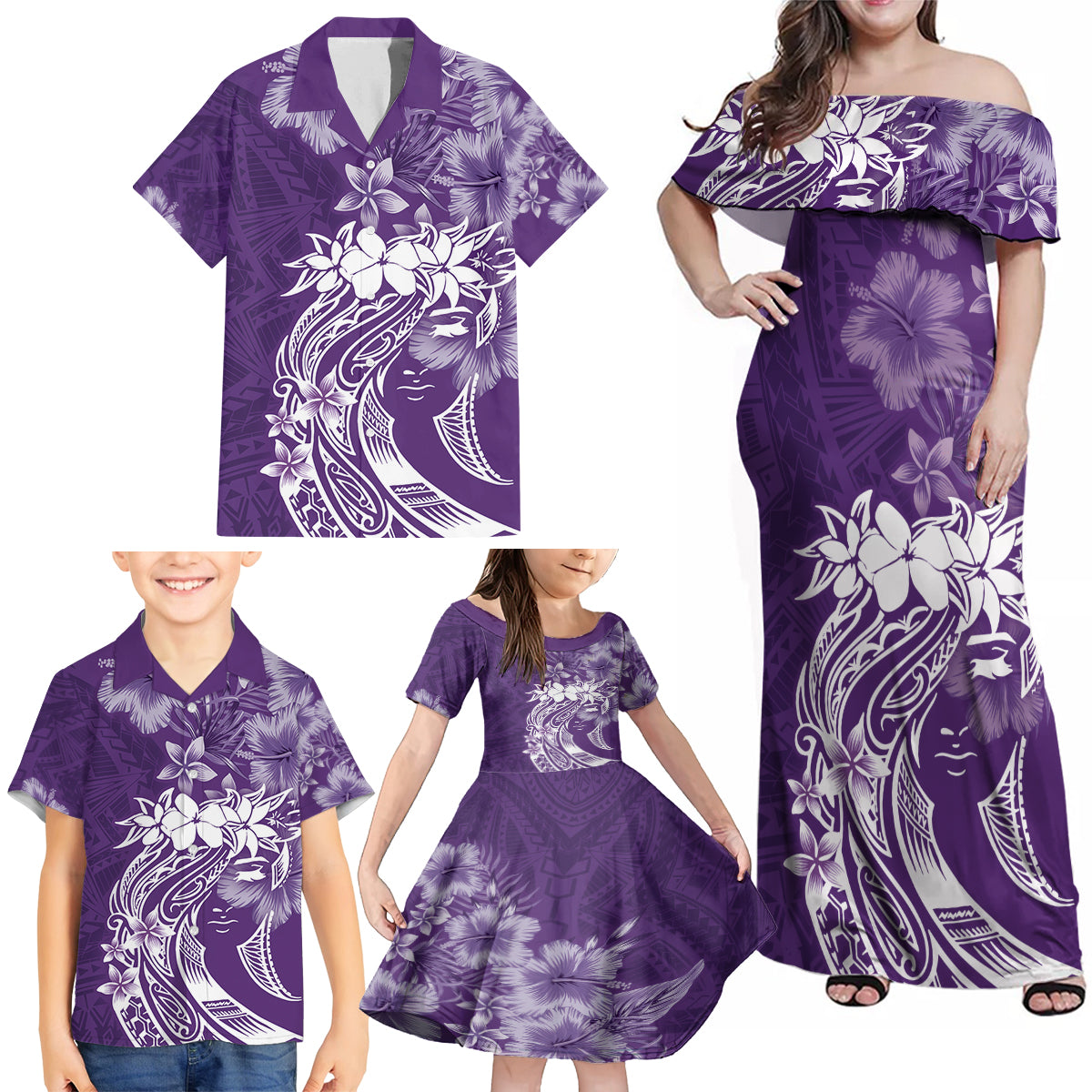 Polynesian Women's Day Family Matching Off Shoulder Maxi Dress and Hawaiian Shirt Plumeria Passion - Purple LT7 - Polynesian Pride