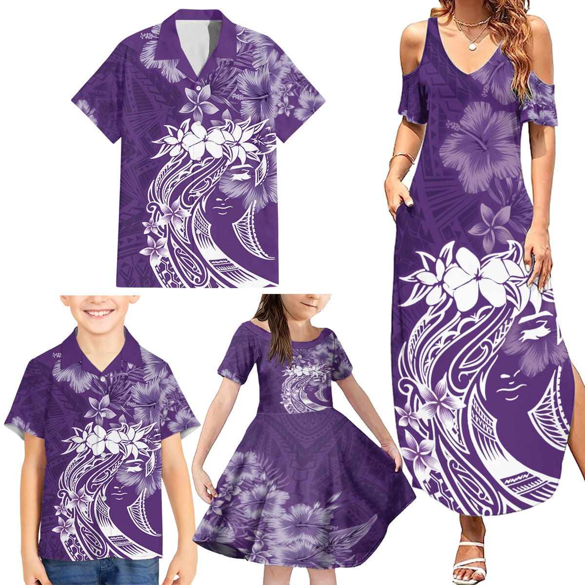 Polynesian Women's Day Family Matching Summer Maxi Dress and Hawaiian Shirt Plumeria Passion - Purple LT7 - Polynesian Pride