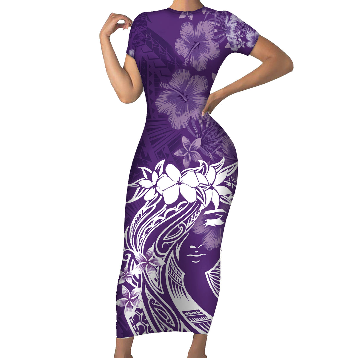 Polynesian Women's Day Short Sleeve Bodycon Dress Plumeria Passion - Purple LT7 Long Dress Purple - Polynesian Pride
