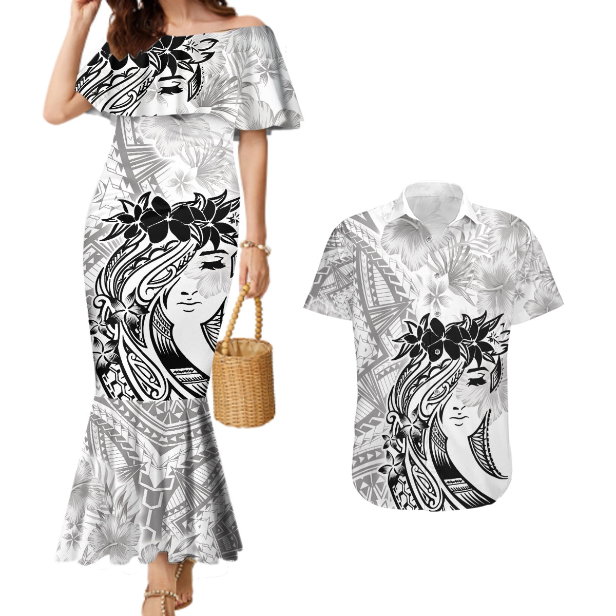 Polynesian Women's Day Couples Matching Mermaid Dress and Hawaiian Shirt Plumeria Passion - White LT7 White - Polynesian Pride