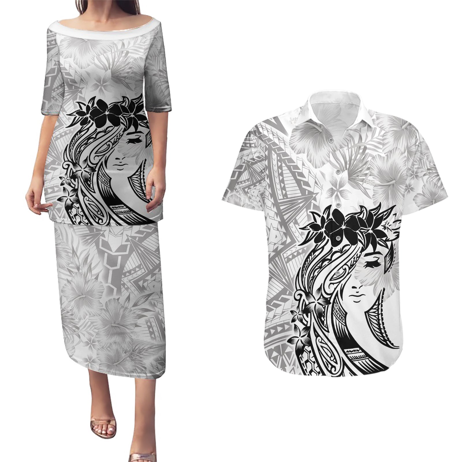 Polynesian Women's Day Couples Matching Puletasi and Hawaiian Shirt Plumeria Passion - White LT7 White - Polynesian Pride