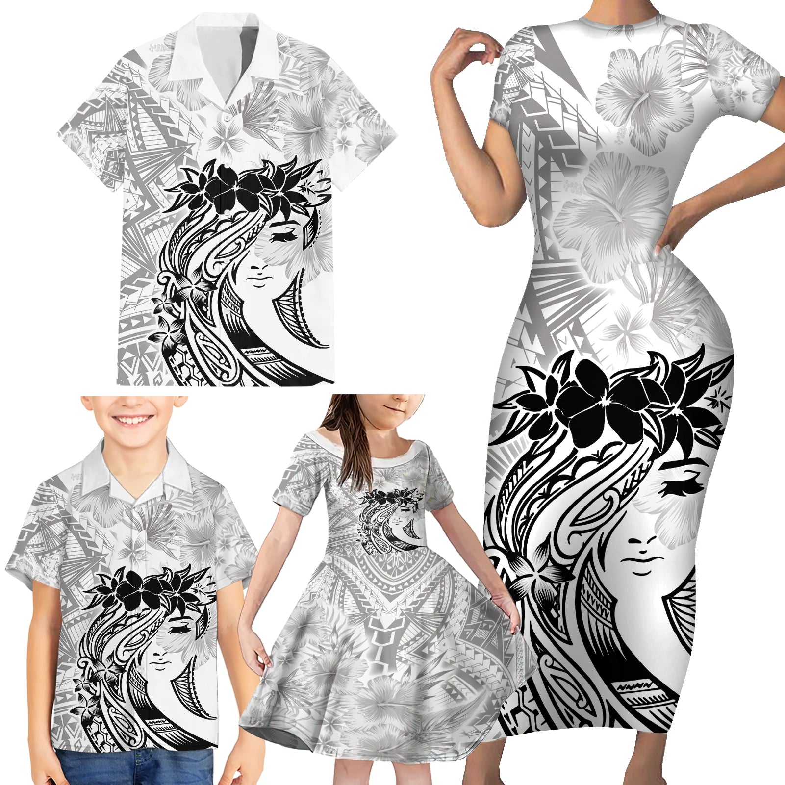 Polynesian Women's Day Family Matching Short Sleeve Bodycon Dress and Hawaiian Shirt Plumeria Passion - White LT7 - Polynesian Pride