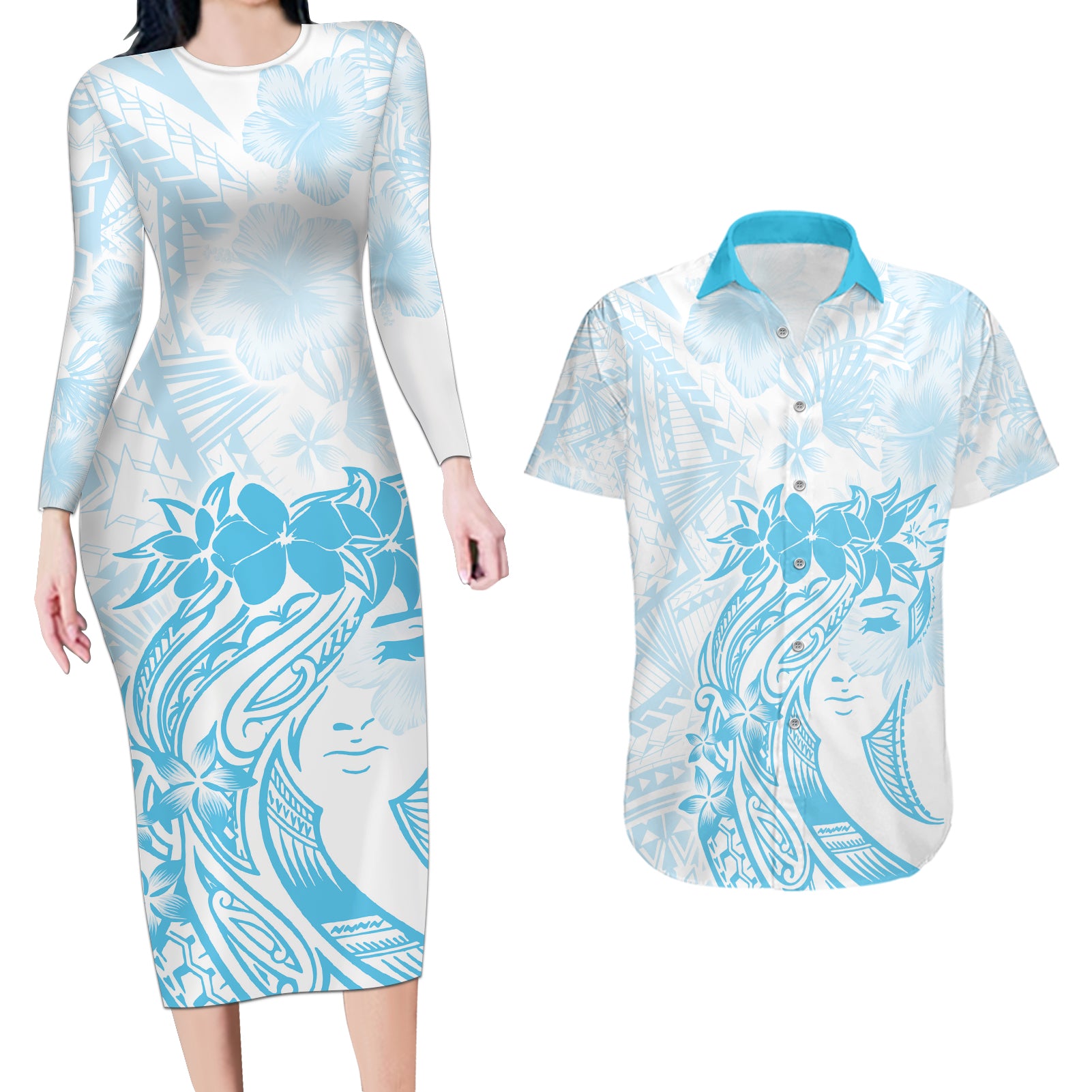 Polynesian Women's Day Couples Matching Long Sleeve Bodycon Dress and Hawaiian Shirt Plumeria Passion - Turquoise LT7 Turquoise - Polynesian Pride