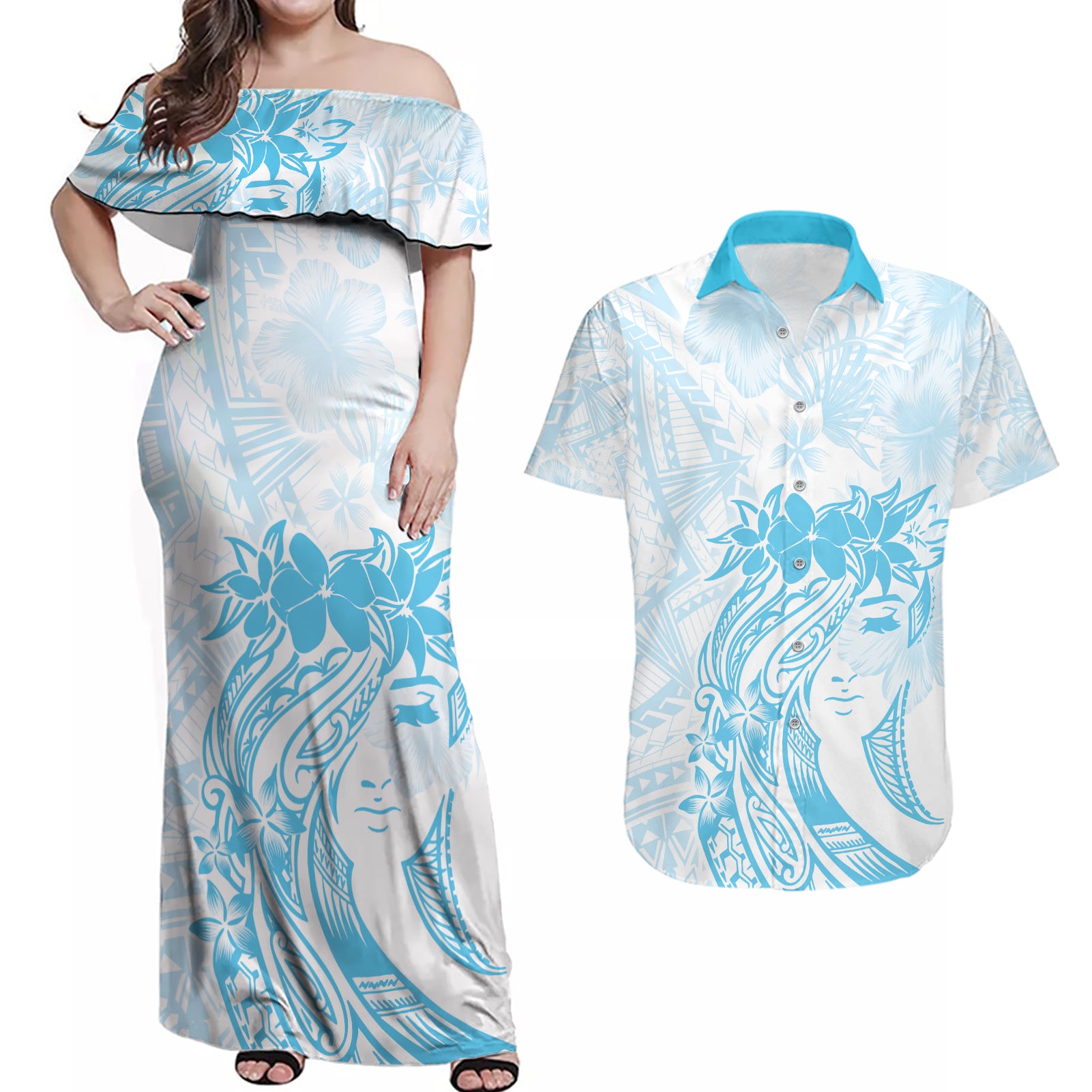 Polynesian Women's Day Couples Matching Off Shoulder Maxi Dress and Hawaiian Shirt Plumeria Passion - Turquoise LT7 Turquoise - Polynesian Pride