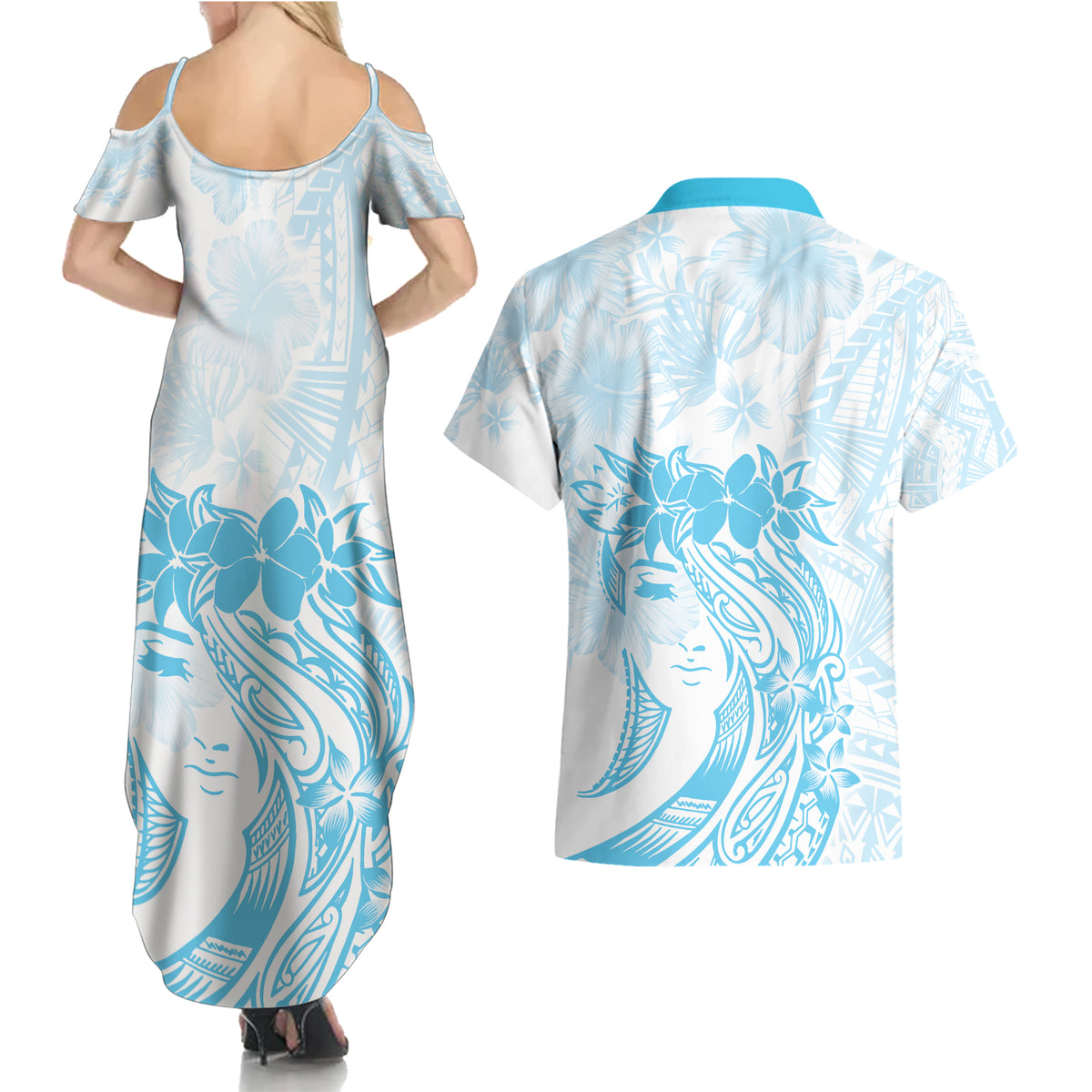 Polynesian Women's Day Couples Matching Summer Maxi Dress and Hawaiian Shirt Plumeria Passion - Turquoise LT7 - Polynesian Pride