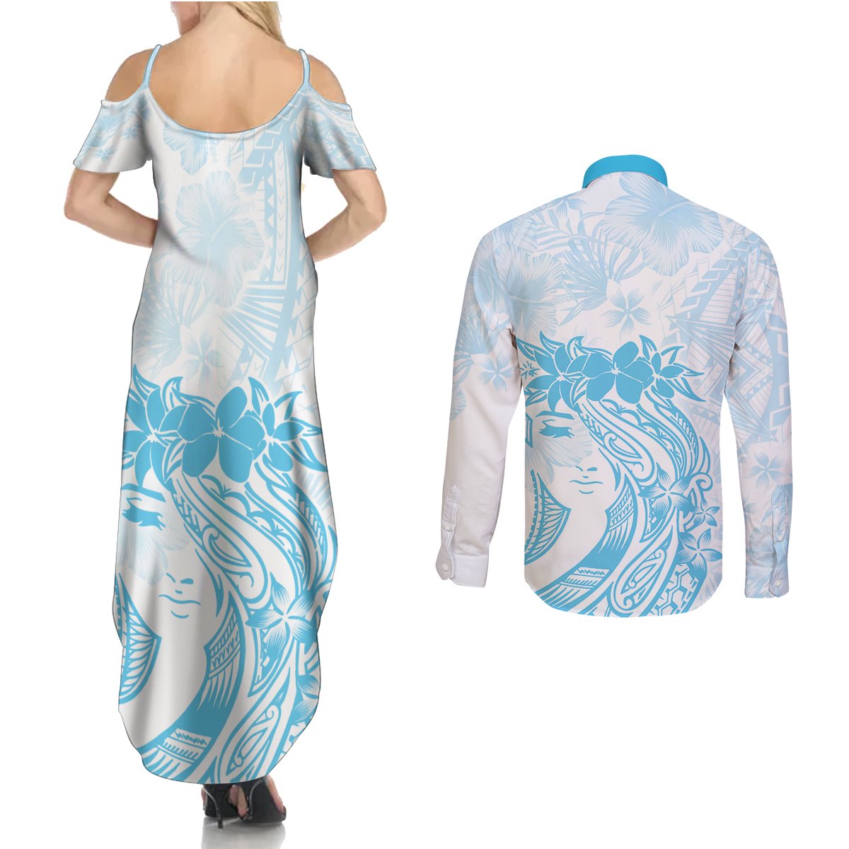Polynesian Women's Day Couples Matching Summer Maxi Dress and Long Sleeve Button Shirt Plumeria Passion - Turquoise LT7 - Polynesian Pride