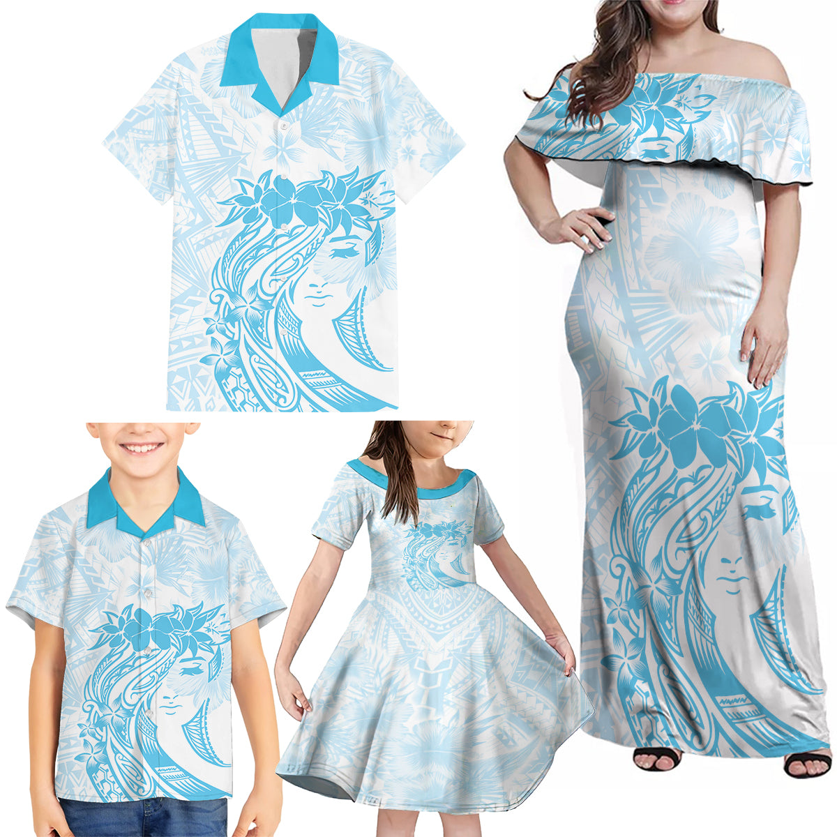 Polynesian Women's Day Family Matching Off Shoulder Maxi Dress and Hawaiian Shirt Plumeria Passion - Turquoise LT7 - Polynesian Pride