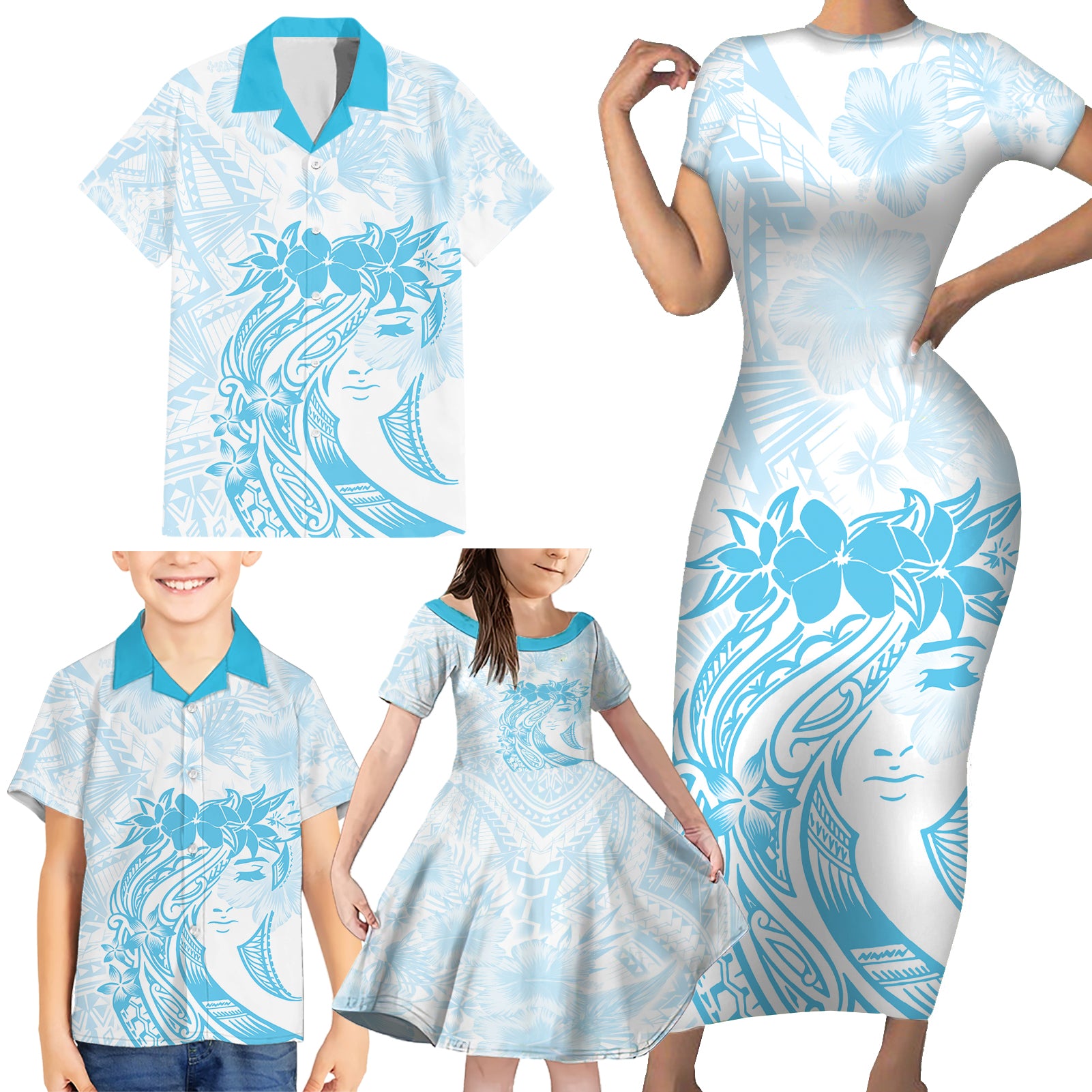 Polynesian Women's Day Family Matching Short Sleeve Bodycon Dress and Hawaiian Shirt Plumeria Passion - Turquoise LT7 - Polynesian Pride