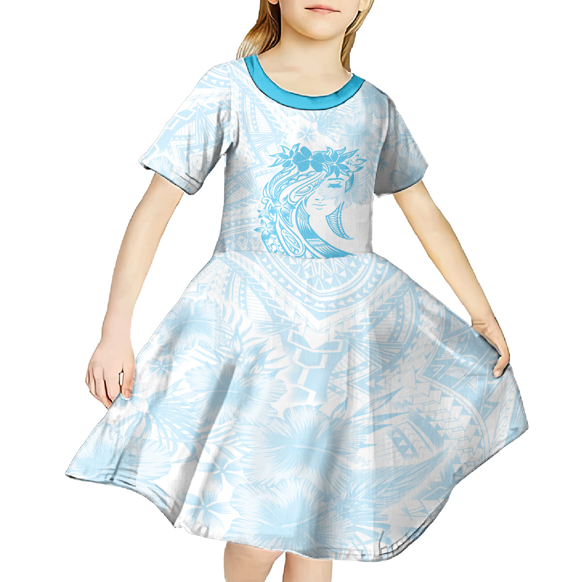 Polynesian Women's Day Kid Short Sleeve Dress Plumeria Passion - Turquoise LT7 - Polynesian Pride