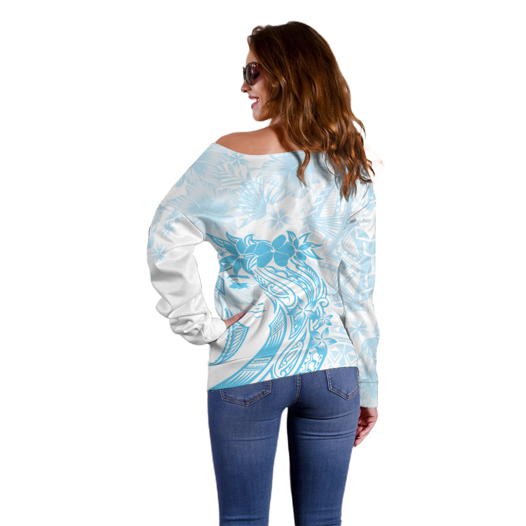 Polynesian Women's Day Off Shoulder Sweater Plumeria Passion - Turquoise LT7 - Polynesian Pride