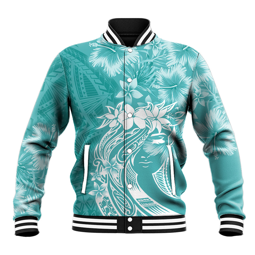 Polynesian Women's Day Baseball Jacket Plumeria Passion - Teal LT7 Unisex Teal - Polynesian Pride