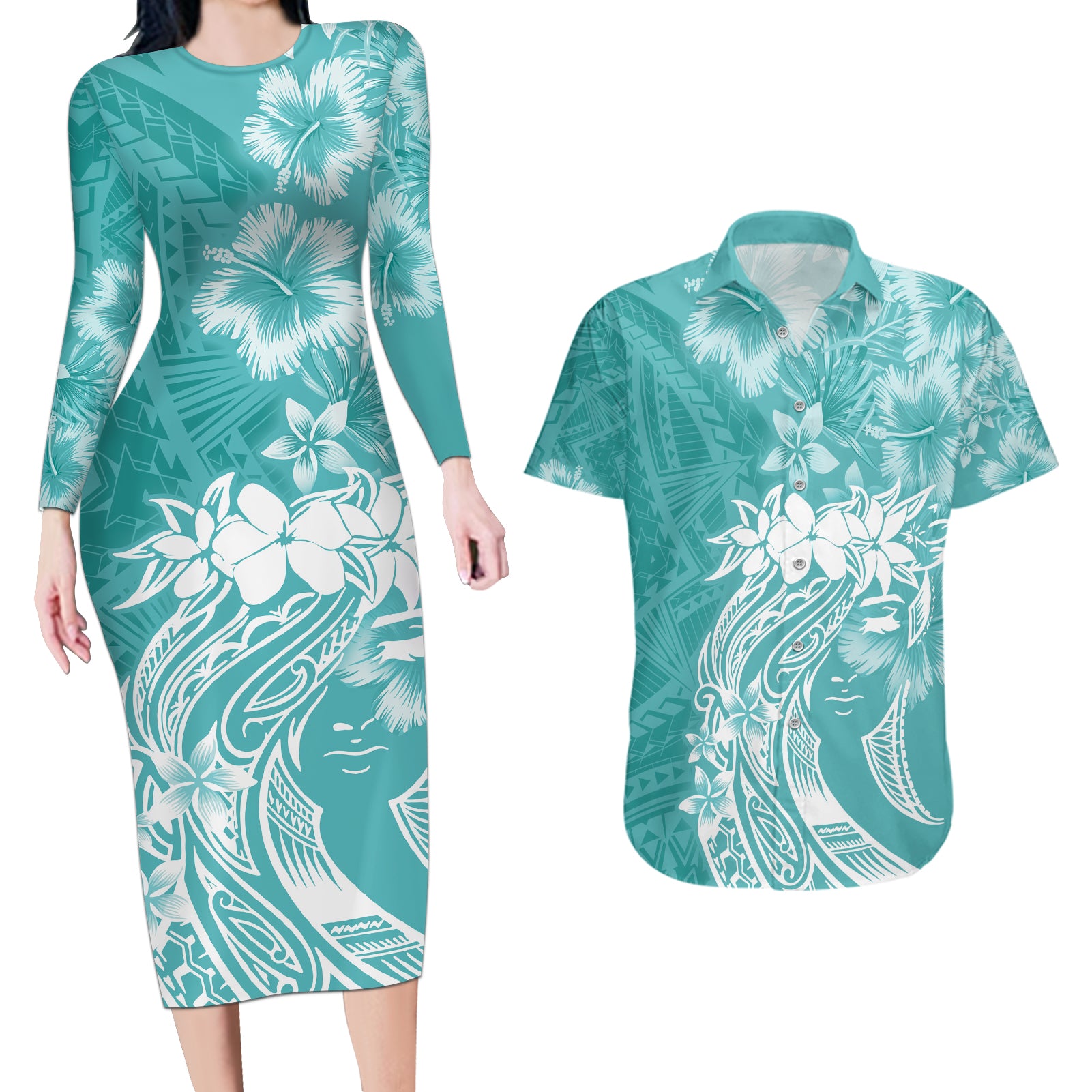 Polynesian Women's Day Couples Matching Long Sleeve Bodycon Dress and Hawaiian Shirt Plumeria Passion - Teal LT7 Teal - Polynesian Pride