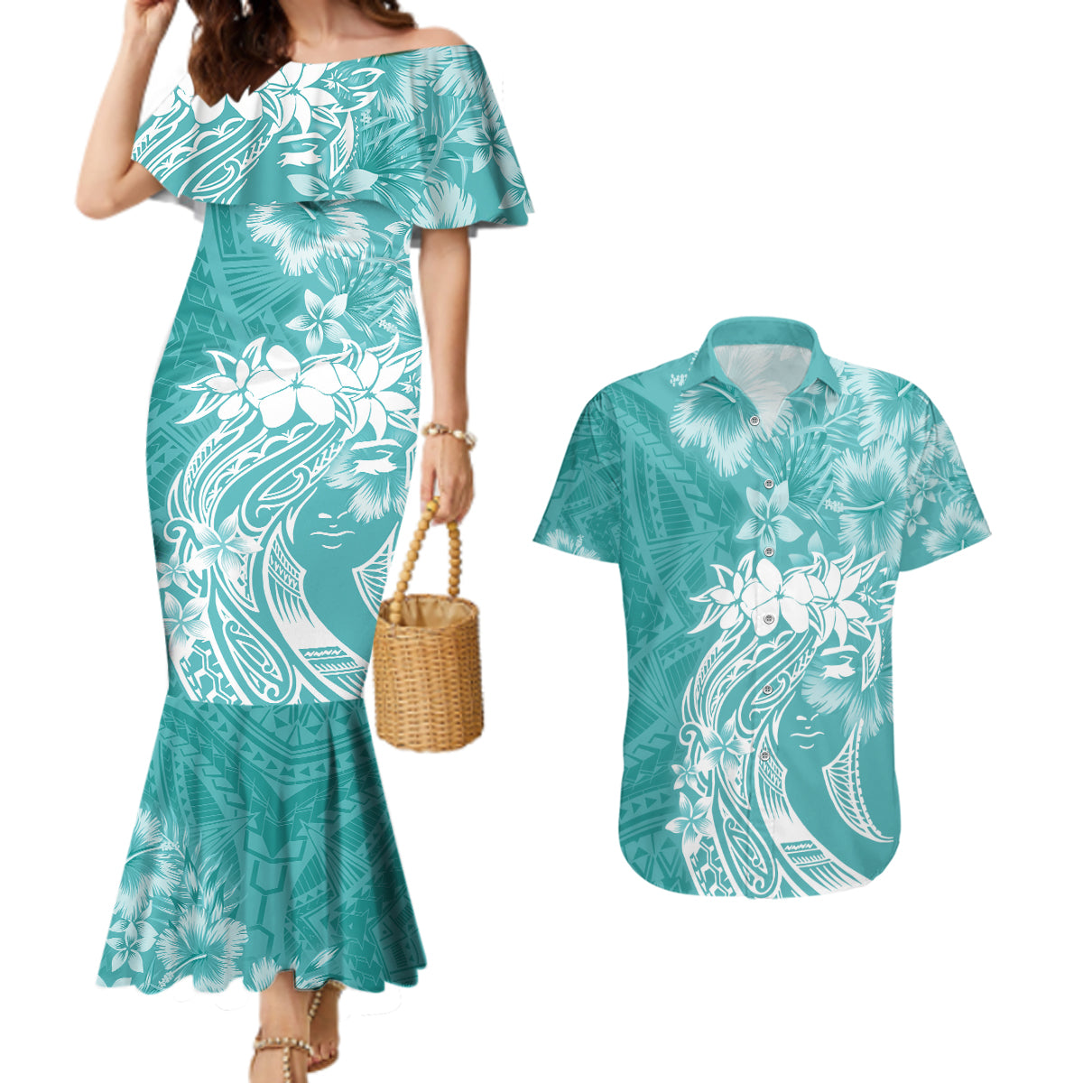 Polynesian Women's Day Couples Matching Mermaid Dress and Hawaiian Shirt Plumeria Passion - Teal LT7 Teal - Polynesian Pride