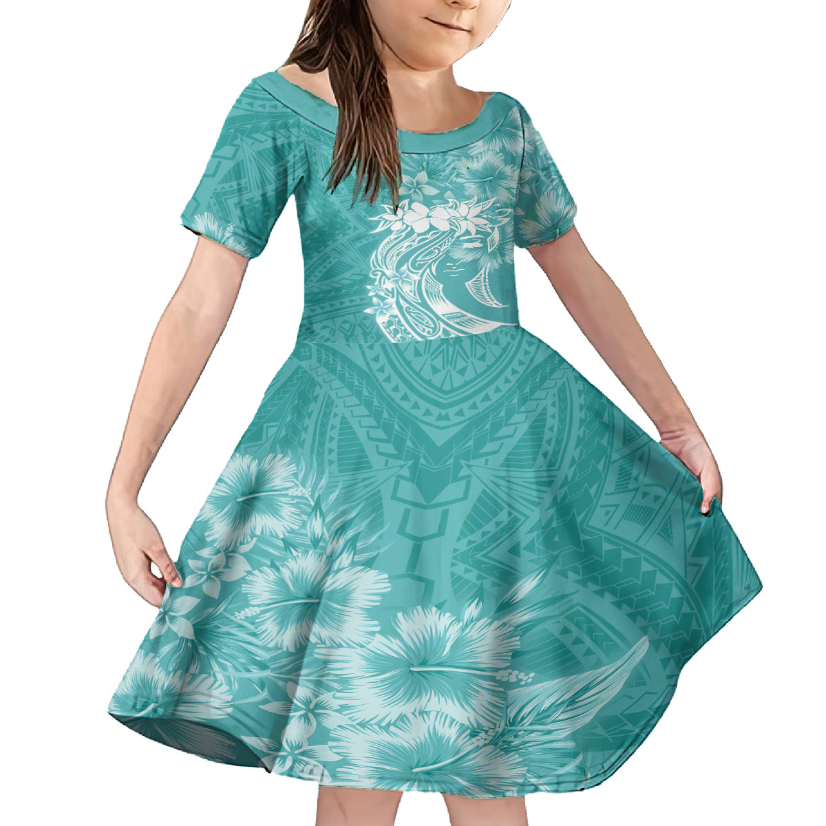 Polynesian Women's Day Family Matching Long Sleeve Bodycon Dress and Hawaiian Shirt Plumeria Passion - Teal LT7 Daughter's Dress Teal - Polynesian Pride