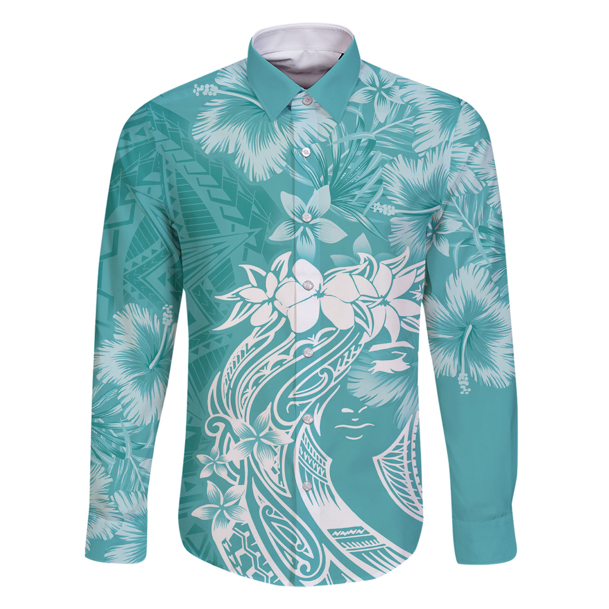Polynesian Women's Day Family Matching Long Sleeve Bodycon Dress and Hawaiian Shirt Plumeria Passion - Teal LT7 Dad's Shirt - Long Sleeve Teal - Polynesian Pride