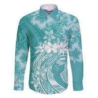Polynesian Women's Day Family Matching Long Sleeve Bodycon Dress and Hawaiian Shirt Plumeria Passion - Teal LT7 Dad's Shirt - Long Sleeve Teal - Polynesian Pride