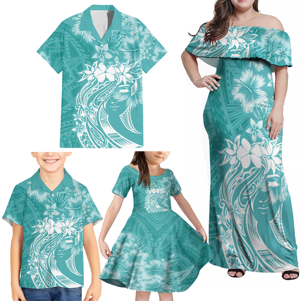 Polynesian Women's Day Family Matching Off Shoulder Maxi Dress and Hawaiian Shirt Plumeria Passion - Teal LT7 - Polynesian Pride