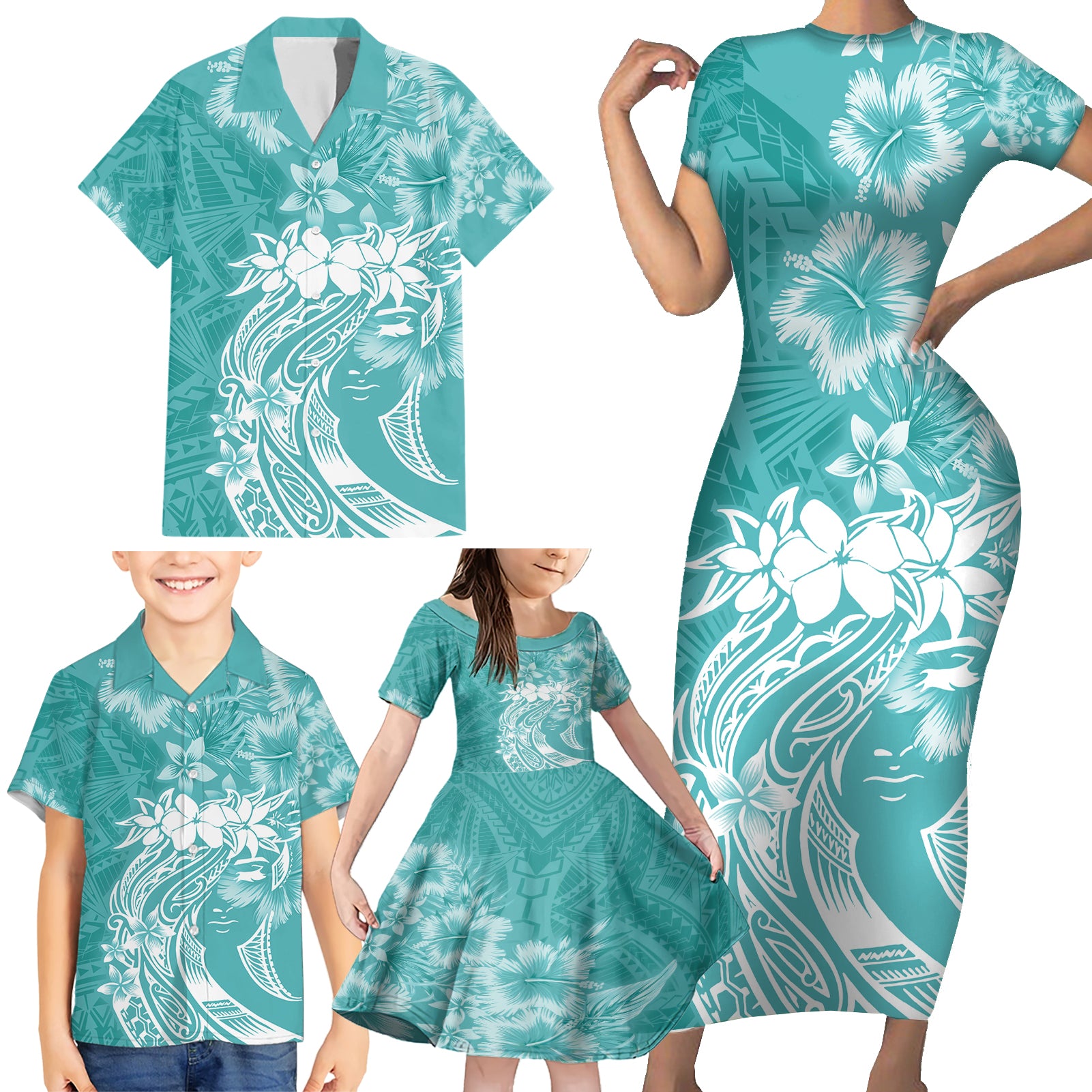 Polynesian Women's Day Family Matching Short Sleeve Bodycon Dress and Hawaiian Shirt Plumeria Passion - Teal LT7 - Polynesian Pride