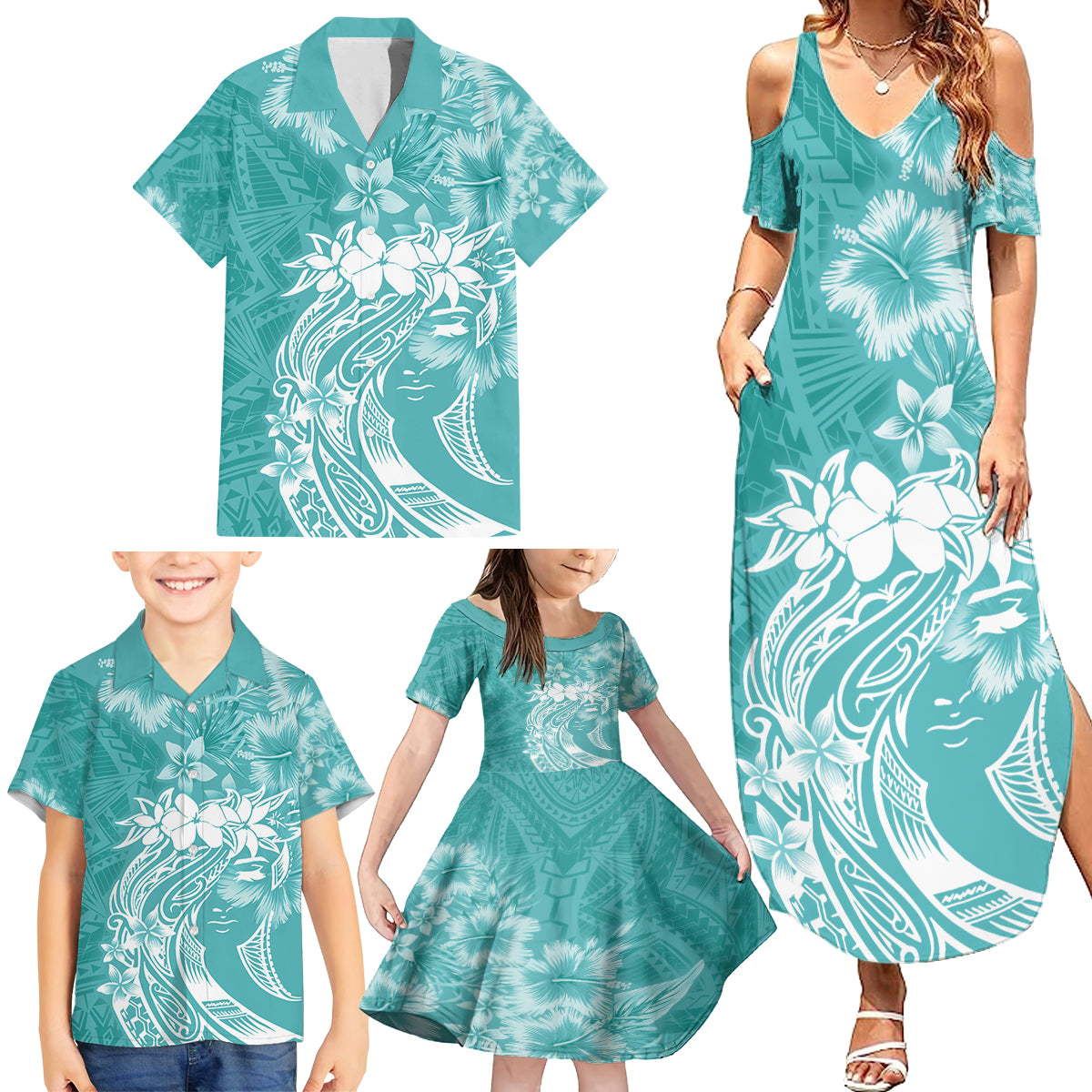 Polynesian Women's Day Family Matching Summer Maxi Dress and Hawaiian Shirt Plumeria Passion - Teal LT7 - Polynesian Pride