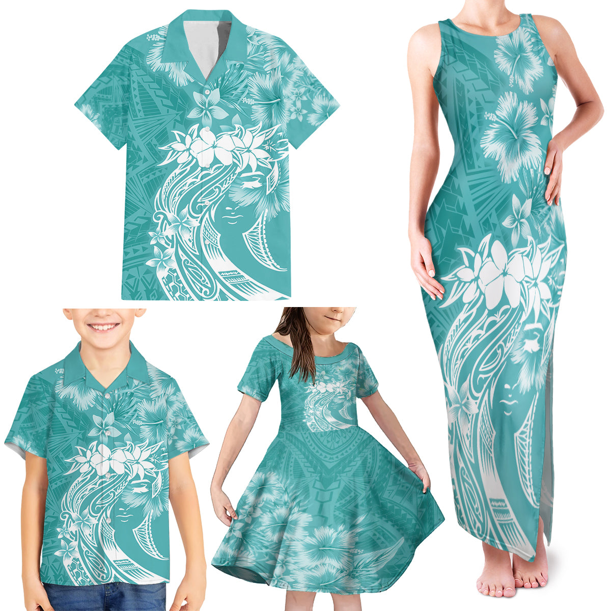 Polynesian Women's Day Family Matching Tank Maxi Dress and Hawaiian Shirt Plumeria Passion - Teal LT7 - Polynesian Pride